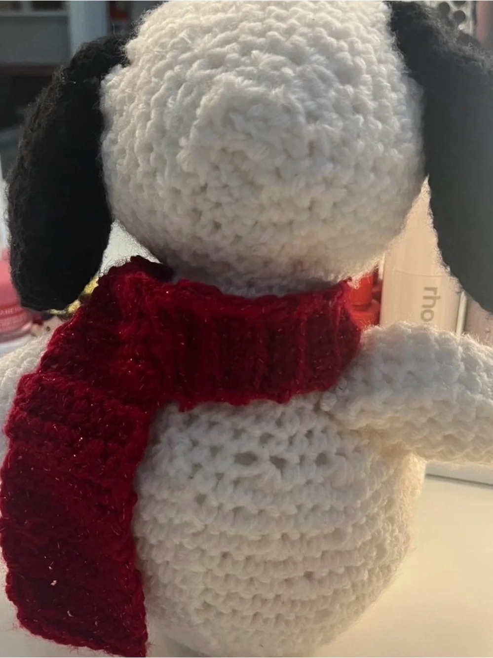 Handmade White Crochet Snoopy-Style Plush with Red Scarf